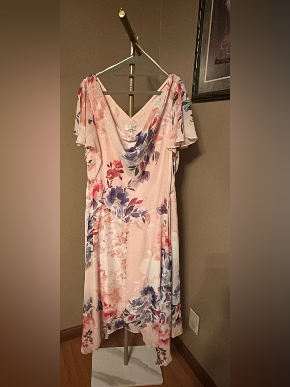 Robbie Bee Pink Floral Midi Dress with Cowl Neck